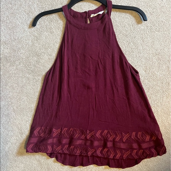 Juniors large Maroon solid tank top tribal print halter Scoop style rayon - Picture 6 of 10